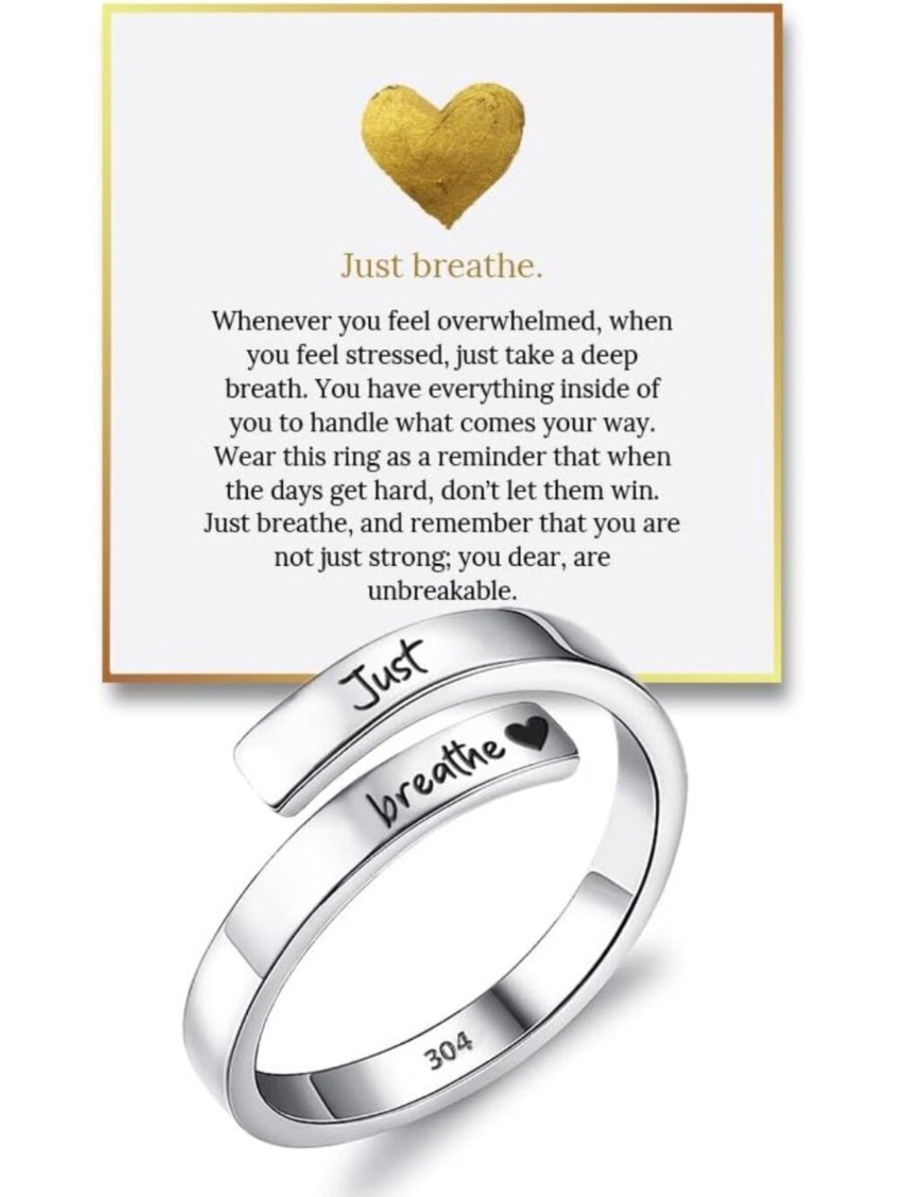 Adjustable Heartfelt Just Breathe Ring – Tarnish-Free 999 Silver & Stainless